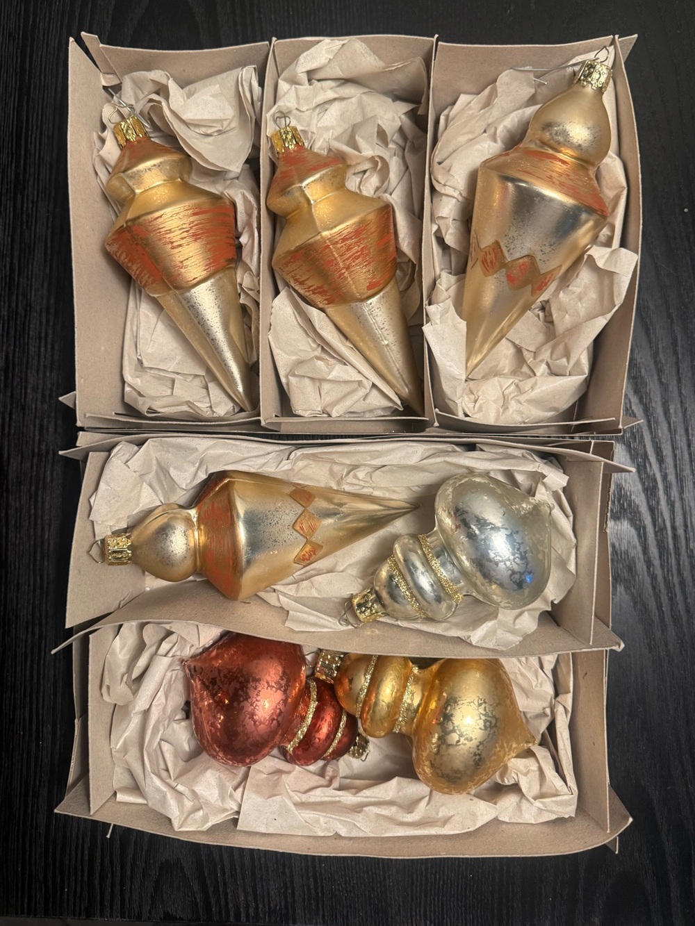 VTG Dillard’s Trimmings Gold, Silver and Copper Glass Holiday Ornaments (7)